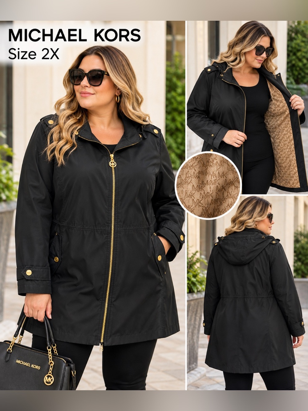 Michael Kors Black Hooded Utility Anorak with Gold Hardware - 2X